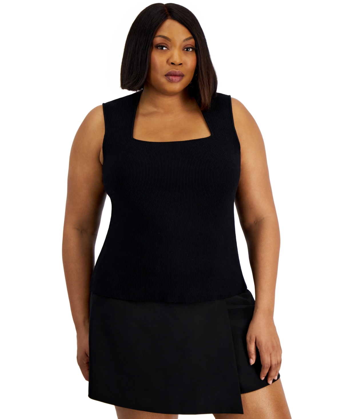 Bar Iii Trendy Plus Size Ottoman Square-neck Sleeveless Sweater Tank, Created For Macy's In Deep Black