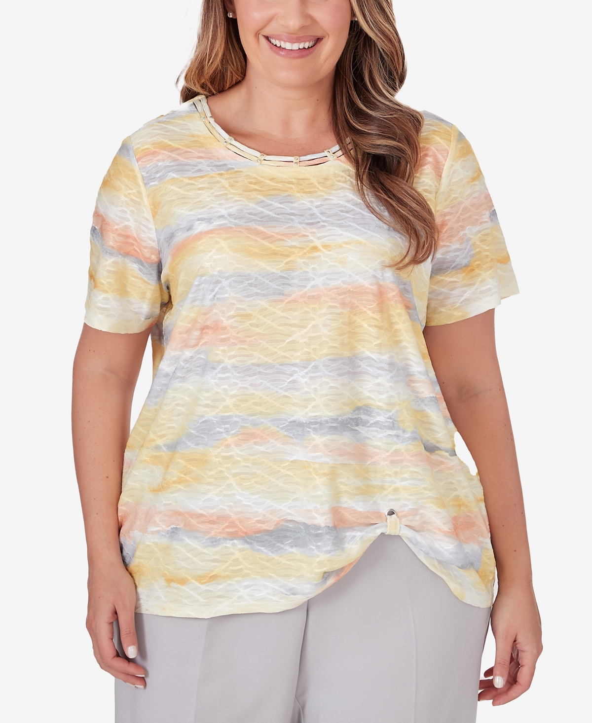 Alfred Dunner Plus Size Charleston Short Sleeve Crew Neck Top With Watercolor Print In Multi