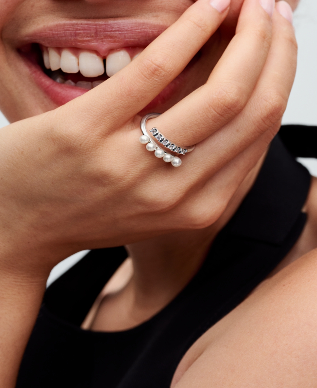 Pandora Sterling Silver Timeless Treated Freshwater Cultured Pearls Pave Open Ring In Silver