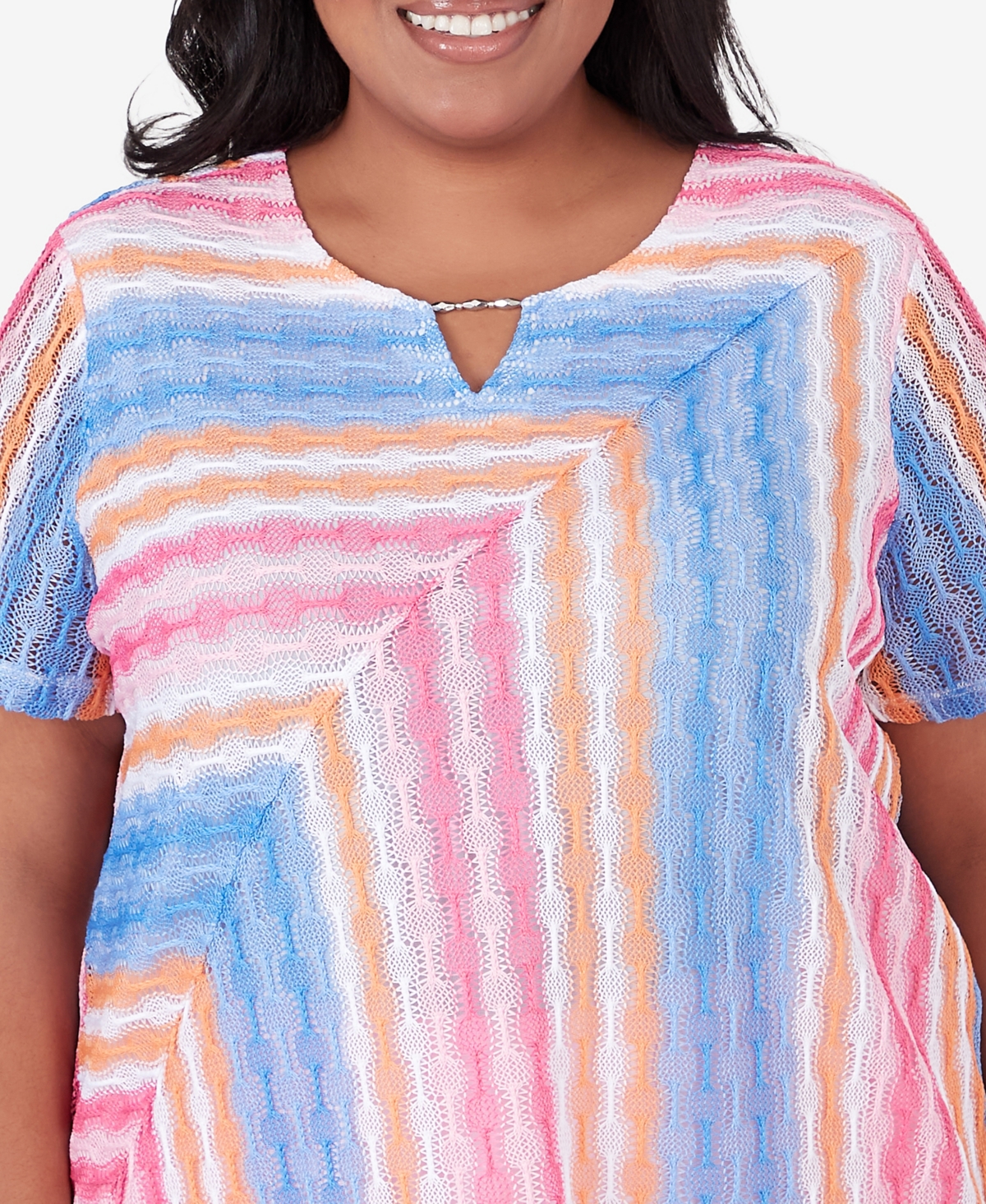 Alfred Dunner Plus Size Paradise Island Short Sleeve Spliced Stripe Top