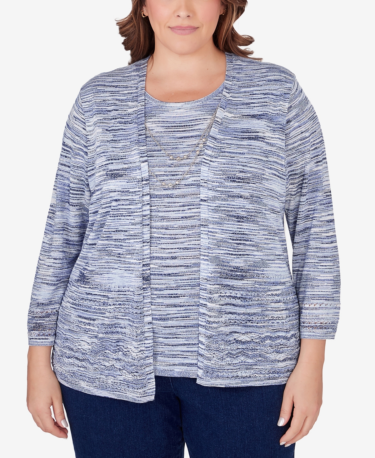 Shop Alfred Dunner Plus Size A Fresh Start Space Dye Two In One Sweater With Necklace In Denim