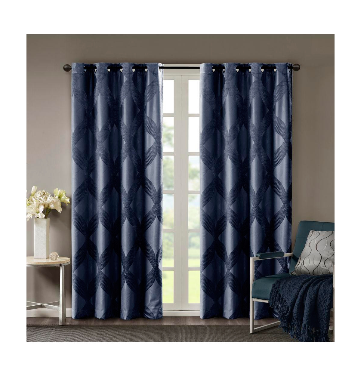 Bentley Ogee Knitted Jacquard Total Blackout Curtain Panel, 50"W x 84"L - Navy