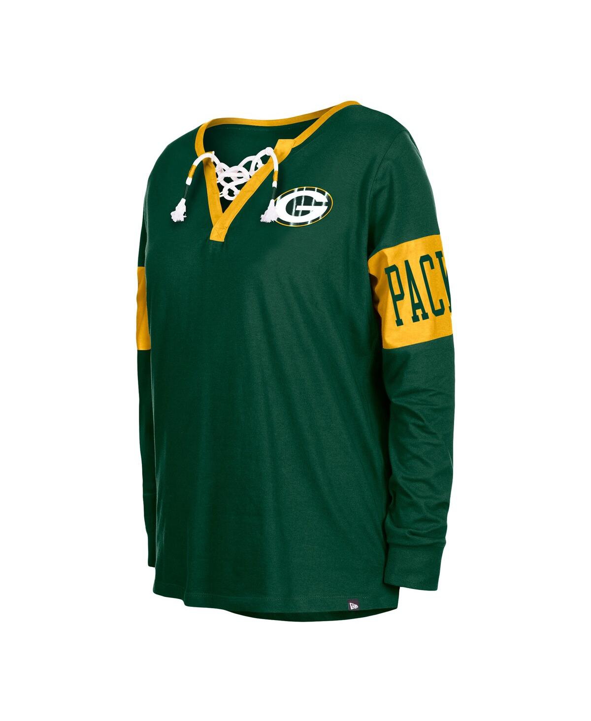 Shop New Era Women's  Green Green Bay Packers Lace-up Notch Neck Long Sleeve T-shirt