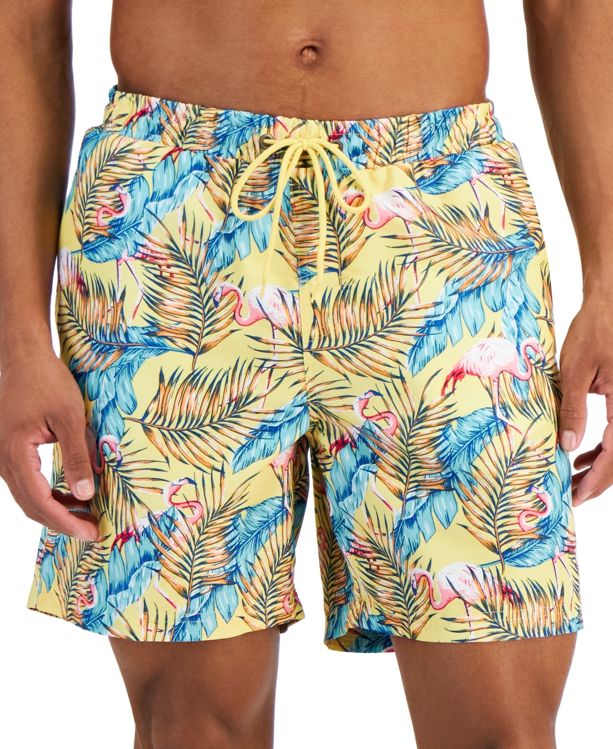 Club Room Men's Flamingo Print 7" Swim Trunks, Created For Macy's In Sunwash Yellow
