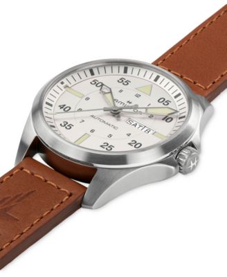Men's Swiss Automatic Khaki Aviation Day Date Brown Leather Strap Watch 42mm