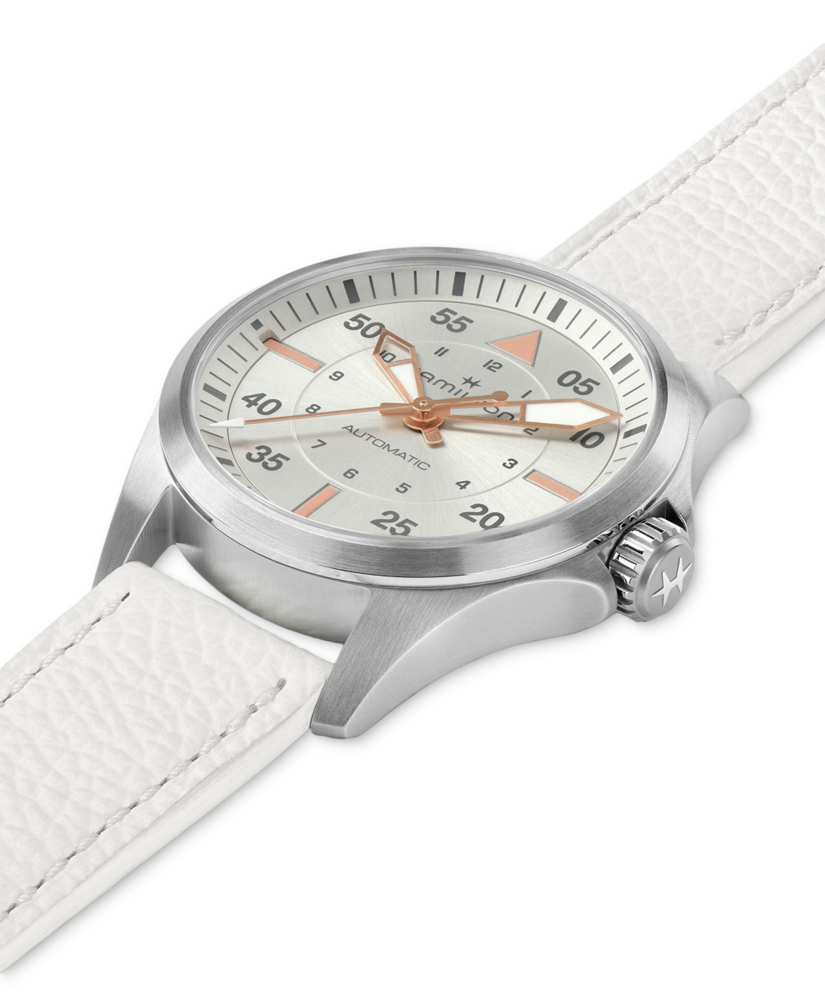 Shop Hamilton Women's Swiss Automatic Khaki Aviation White Leather Strap Watch 36mm