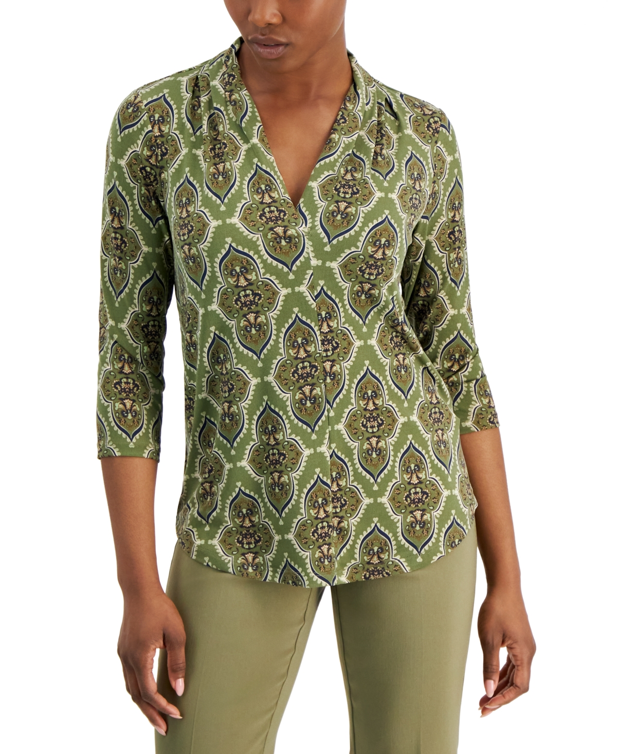 Jm Collection Petite Misty Medallion V-neck Top, Created For Macy's In New Avocado Combo