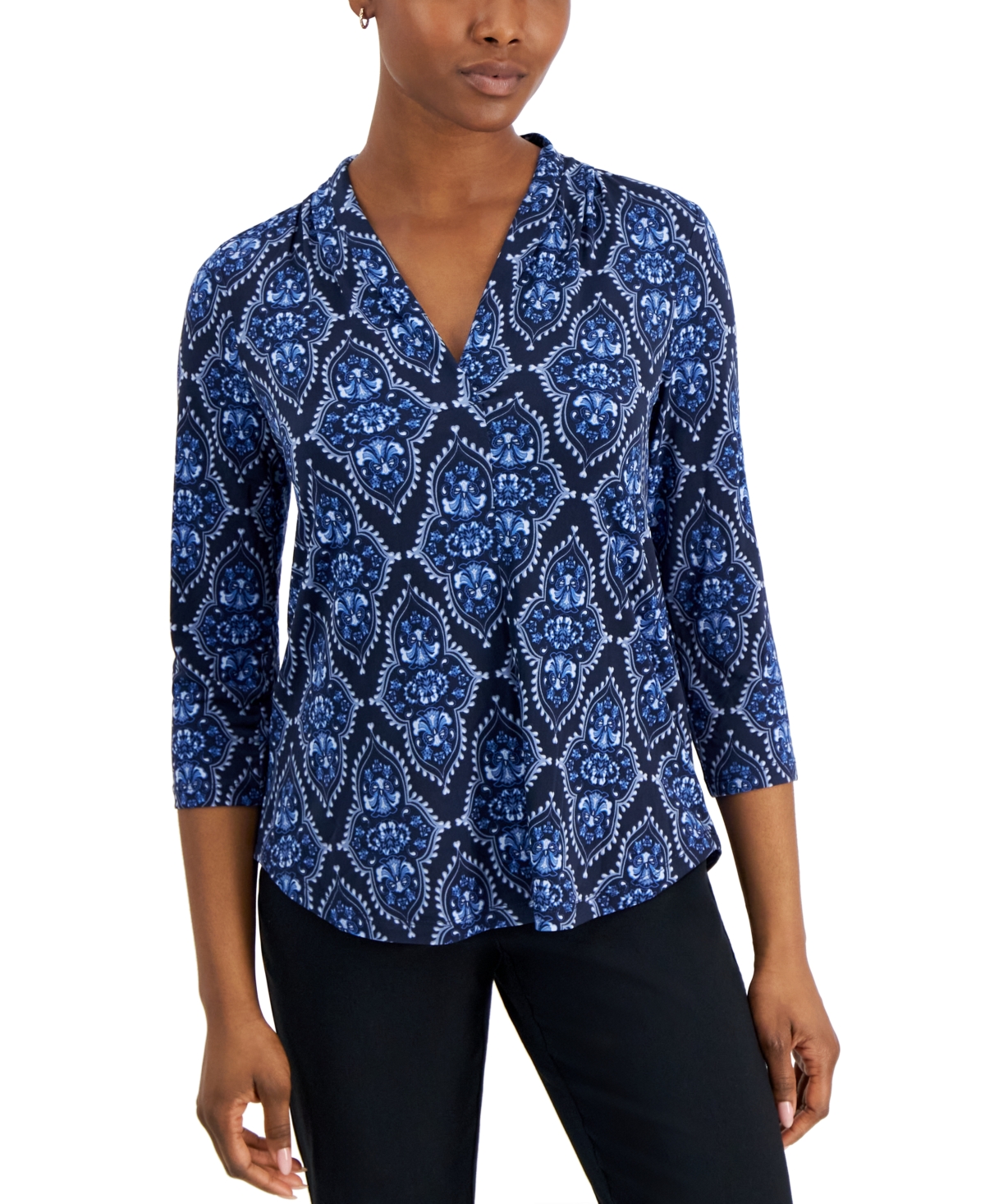 Jm Collection Petite Misty Medallion V-neck Top, Created For Macy's In Intrepid Blue Combo