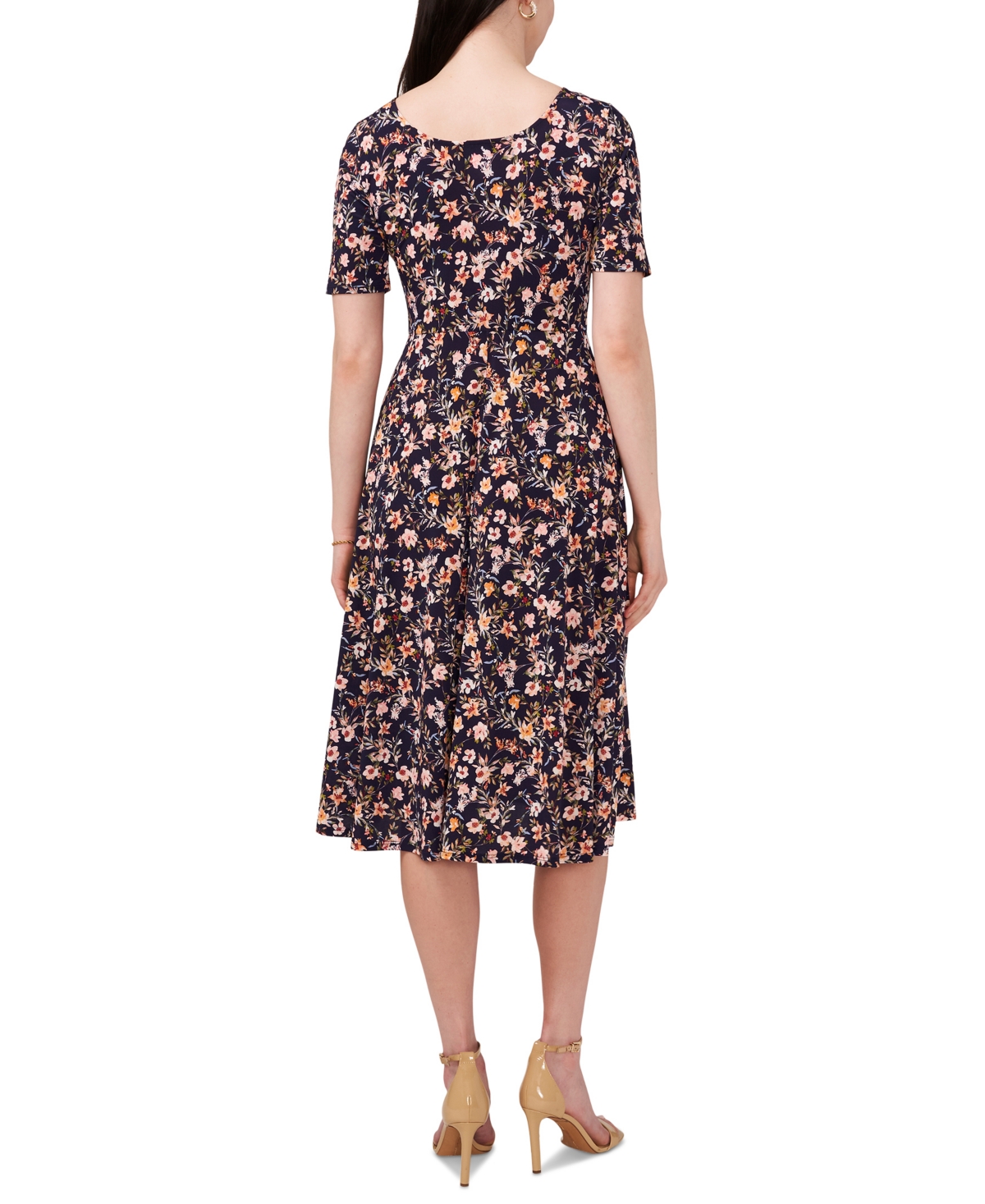 Shop Msk Petite Floral Elbow-sleeve Pullover Midi Dress In Navy,pink
