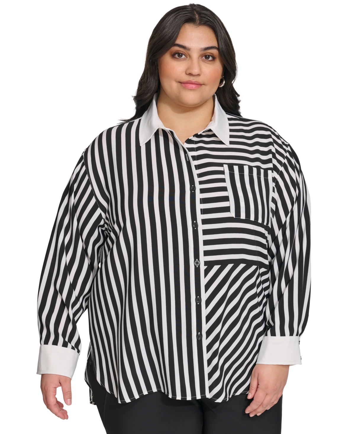 KARL LAGERFELD WOMEN'S PLUS SIZE STRIPED BUTTON-FRONT SHIRT, FIRST@MACY'S 