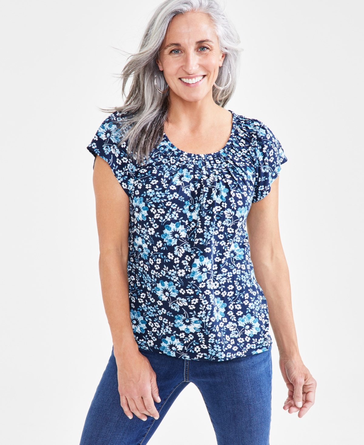 Style & Co Petite Pleated-neck Floral Top, Created For Macy's In Pottery Uniform Blue