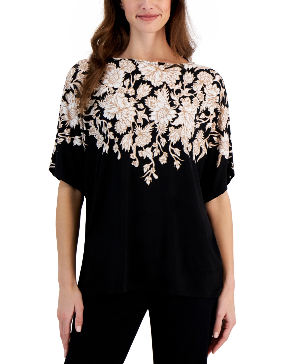 Jm Collection Women's Printed Short Dolman-sleeve Top, Created For Macy's In Deep Black Combo