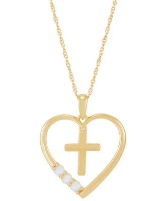Macy's - Lab-Grown Opal Cross in Heart 18" Pendant Necklace (1/8 ct. t.w.) in 14k Gold-Plated Sterling Silver