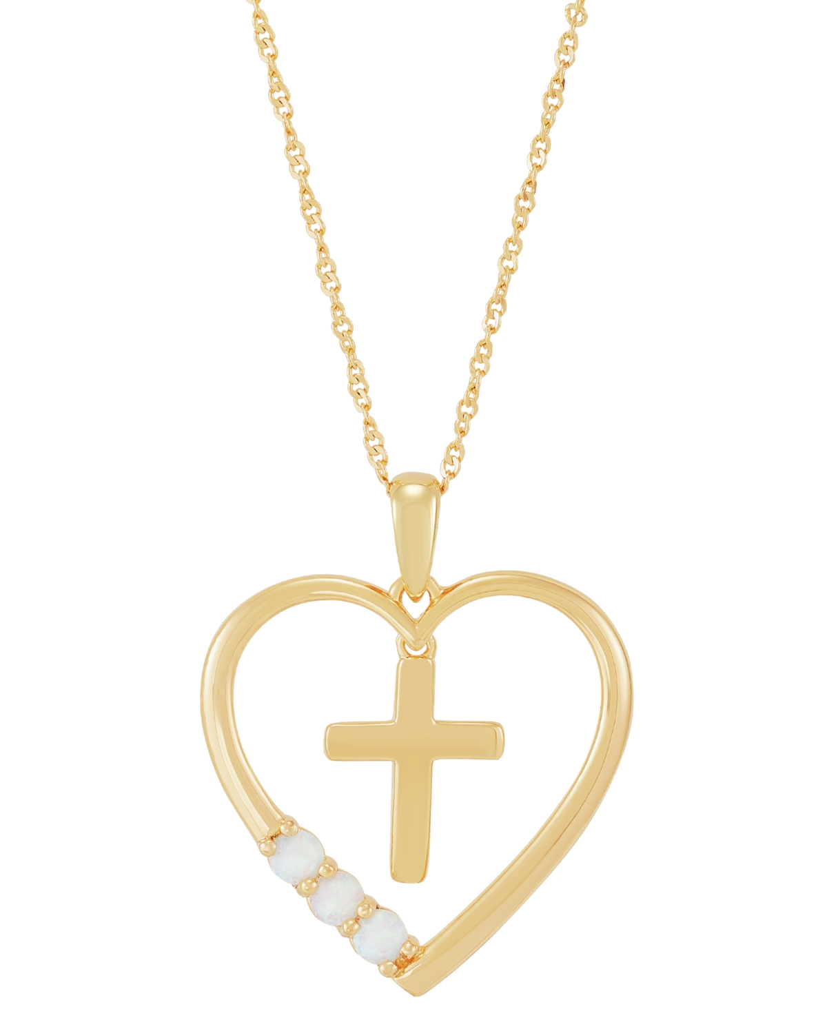 Macy's Lab-grown Opal Cross In Heart 18" Pendant Necklace (1/8 Ct. T.w.) In 14k Gold-plated Sterling Silver