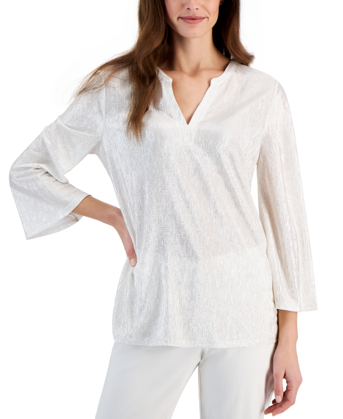 Jm Collection Women's Shine 3/4 Sleeve Plisse Split-neck Top, Created For Macy's In Neo Natural