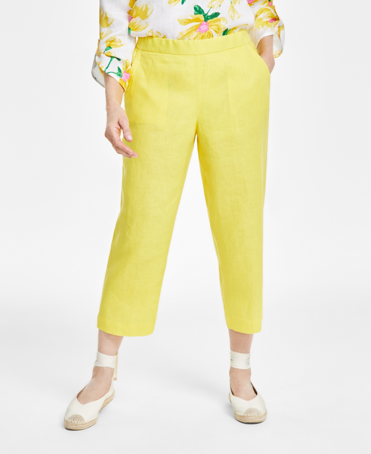 Shop Charter Club Women's 100% Linen Solid Cropped Pull-on Pants, Created For Macy's In Primrose Yellow