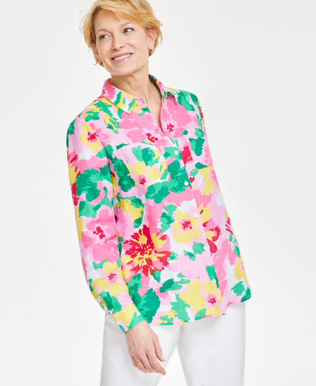 Petite 100% Linen Printed Button-Front Shirt, Created for Macy's - Bubble Bath Combo
