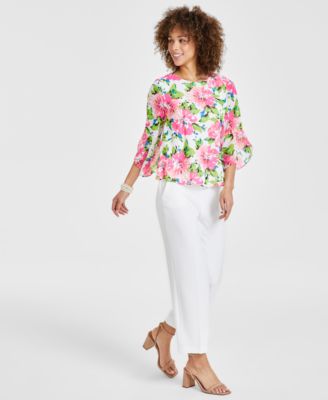 Kasper Womens Floral Print Blouse Ankle Pants In Lily White