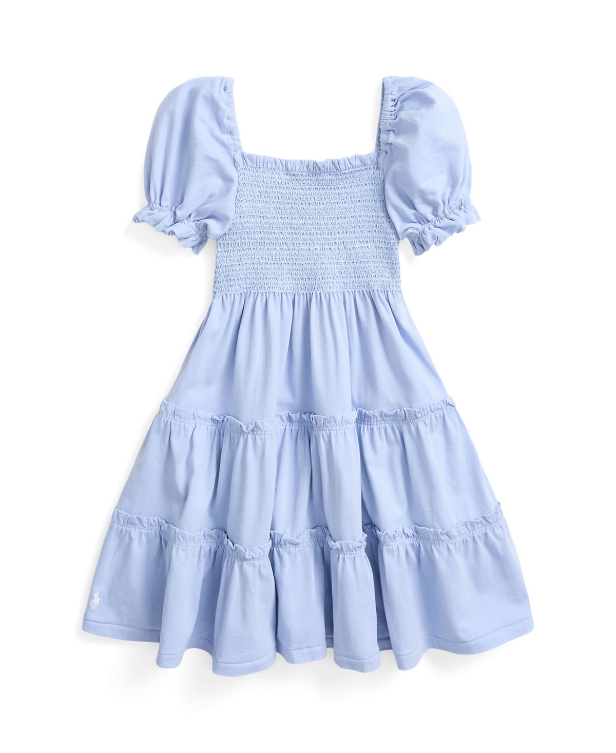 Shop Polo Ralph Lauren Toddler And Little Girls Smocked Cotton Jersey Dress In Blue Hyacinth With White
