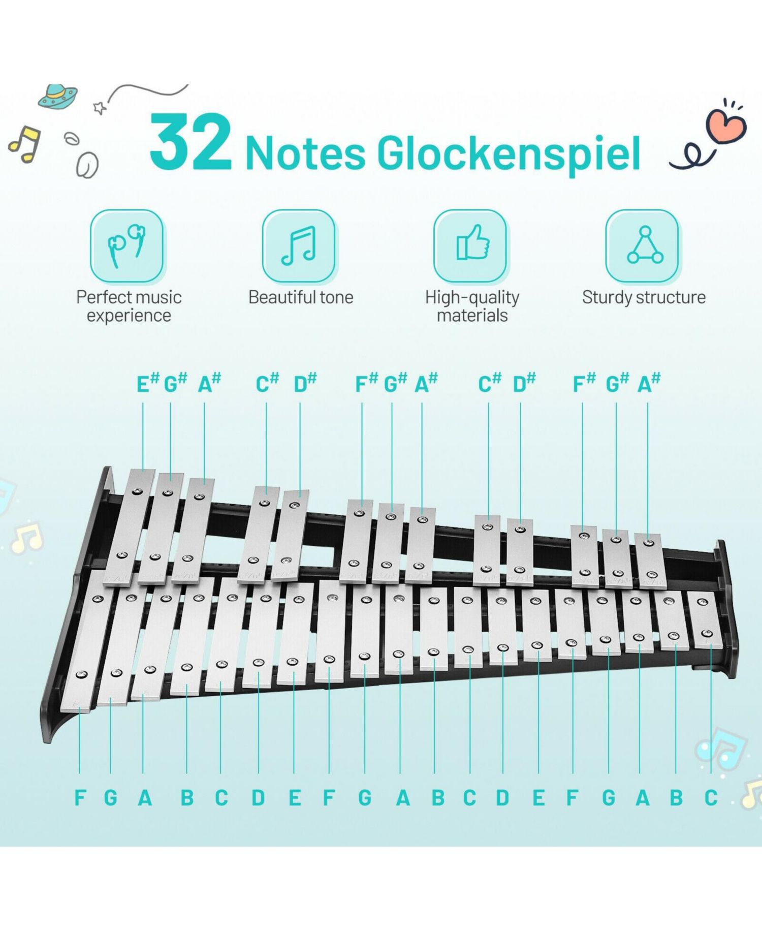 32-Note Glockenspiel Xylophone Percussion Bell Kit with Adjustable Stand