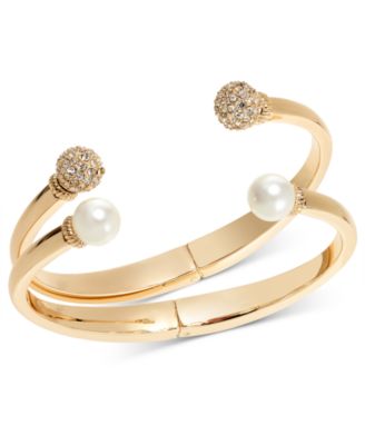Gold-Tone 2-Pc. Set Pav&eacute; Fireball & Imitation Pearl Cuff Bracelets