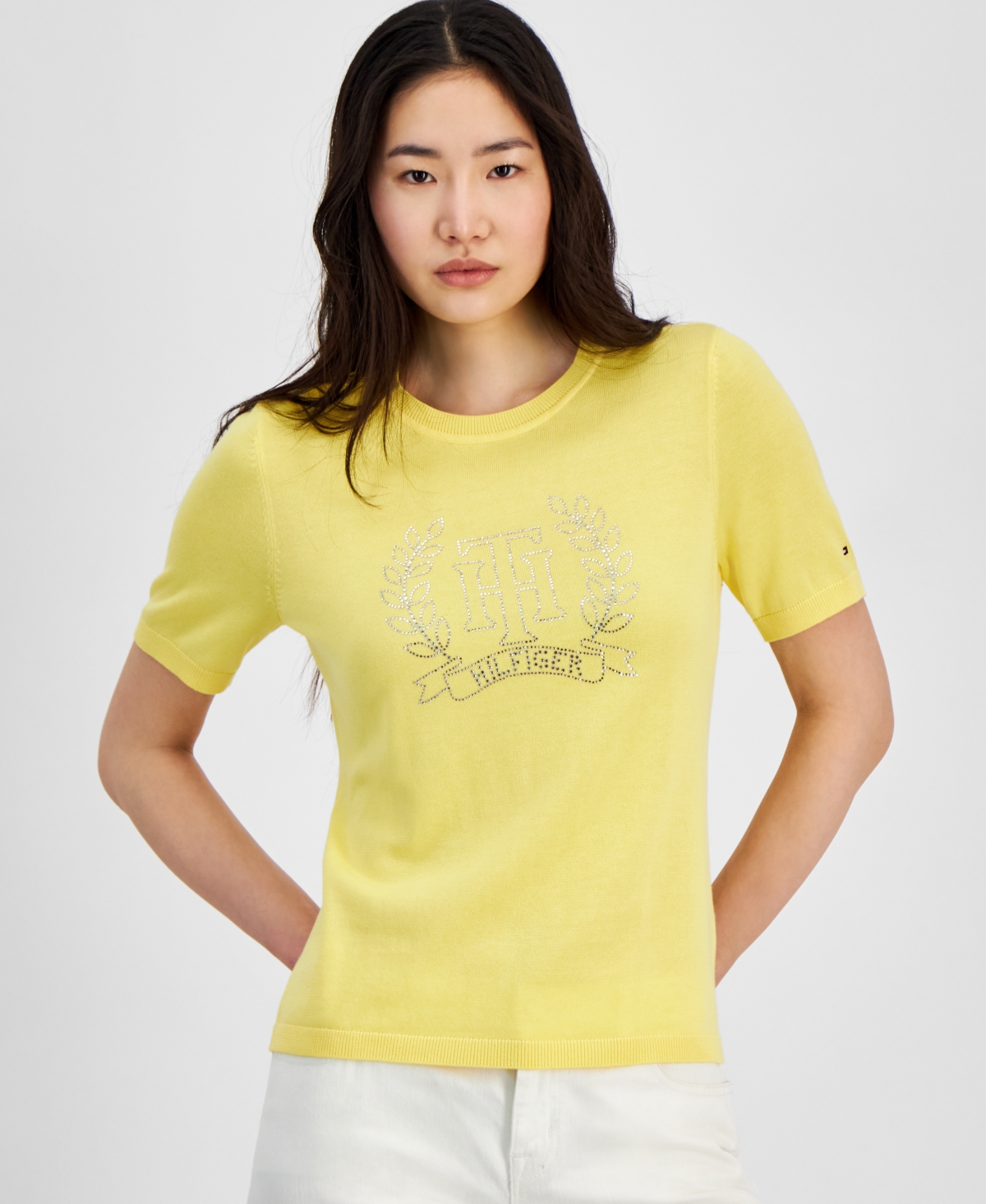 Shop Tommy Hilfiger Women's Embellished Short-sleeve Sweater In Yellow