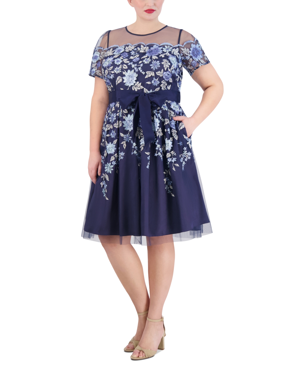 Eliza J Plus Size Embroidered Mesh Dress In Navy