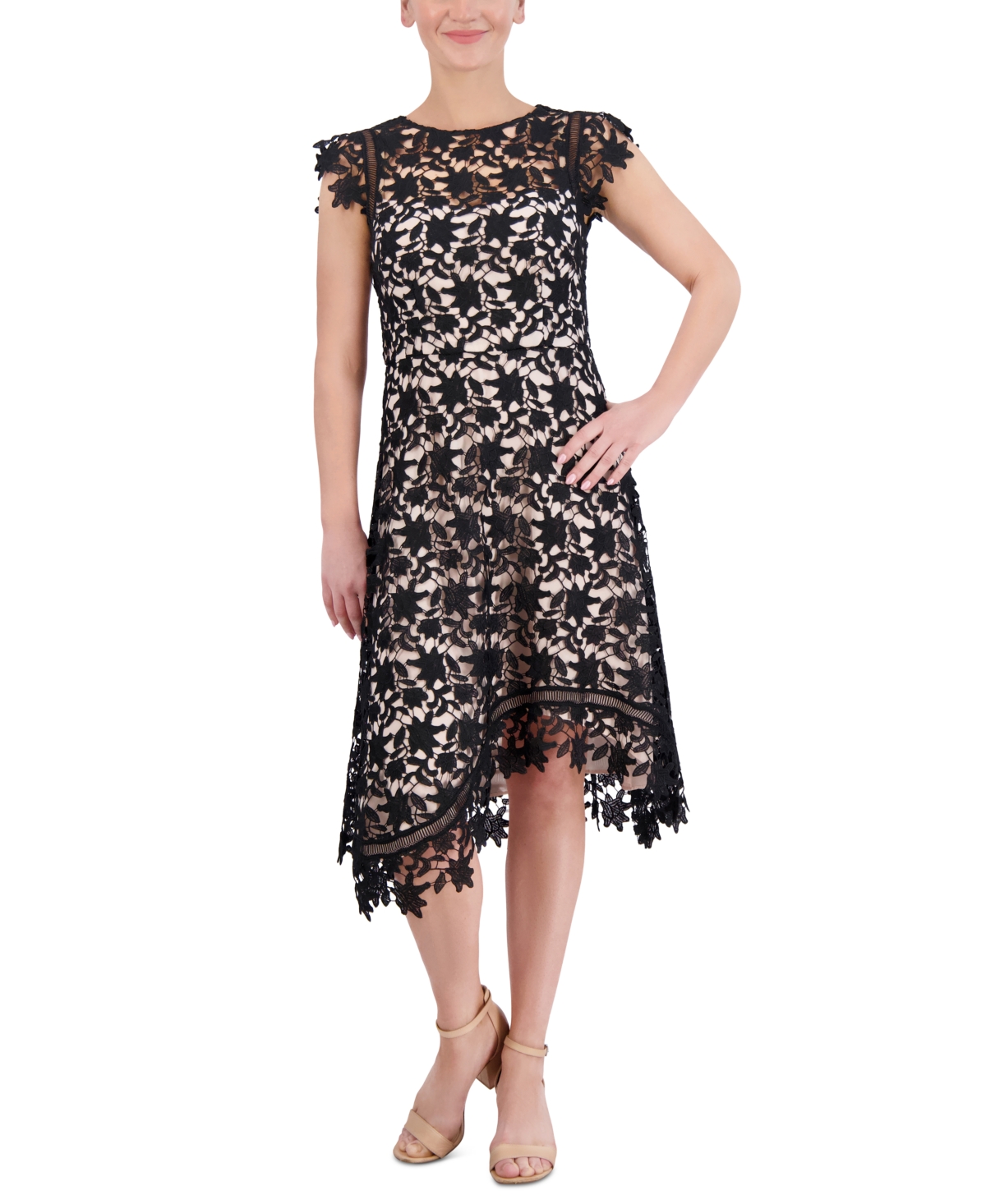 Eliza J Lace Asymmetrical-hem Midi Dress In Black Natural