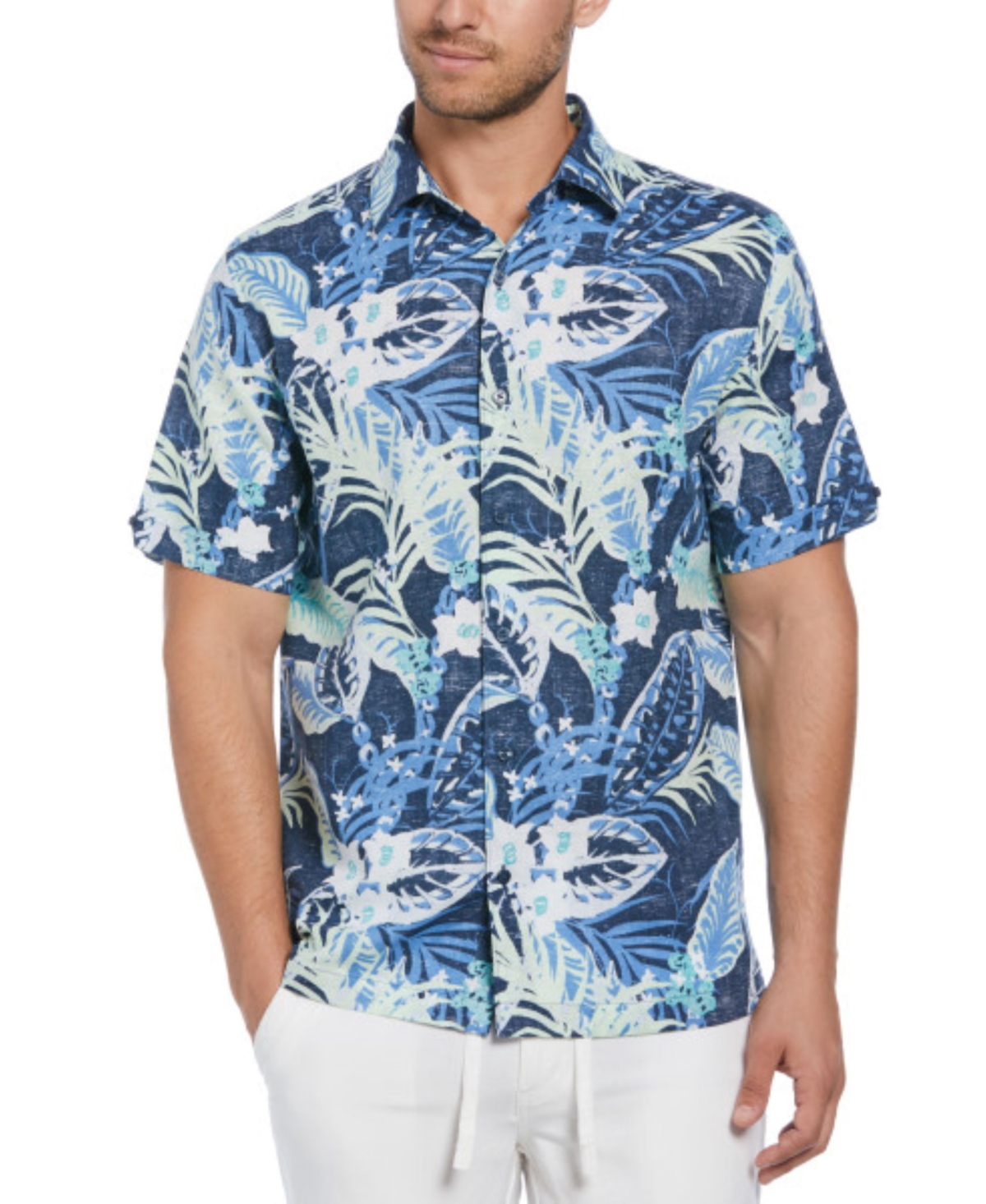 Men's Regular-Fit Linen-Blend Tropical-Print Short-Sleeve Shirt - Titan