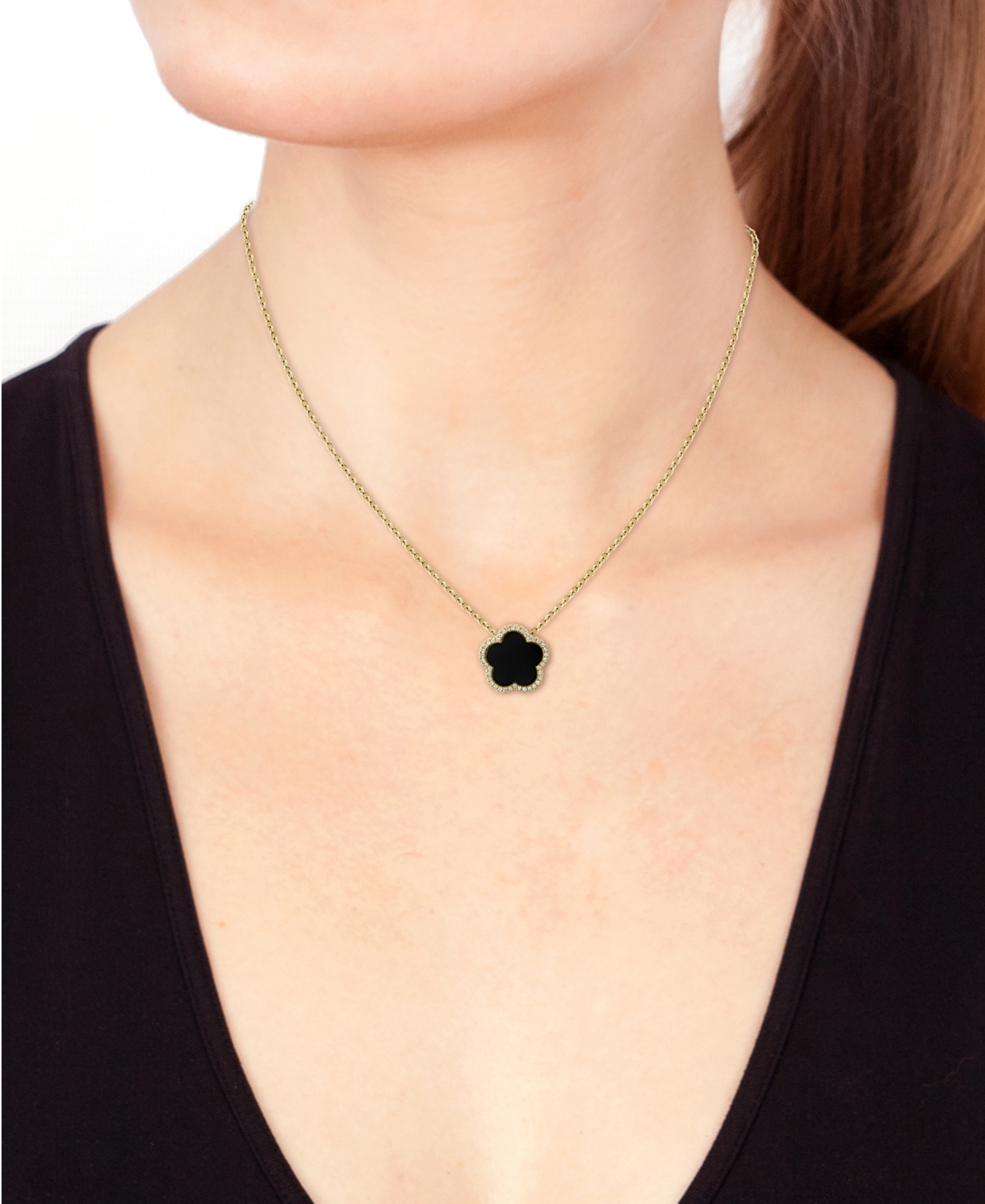 Shop Effy Collection Effy Onyx & Diamond (1/6 Ct. T.w.) Flower Halo 18" Pendant Necklace In 14k Gold In Yellow Gold