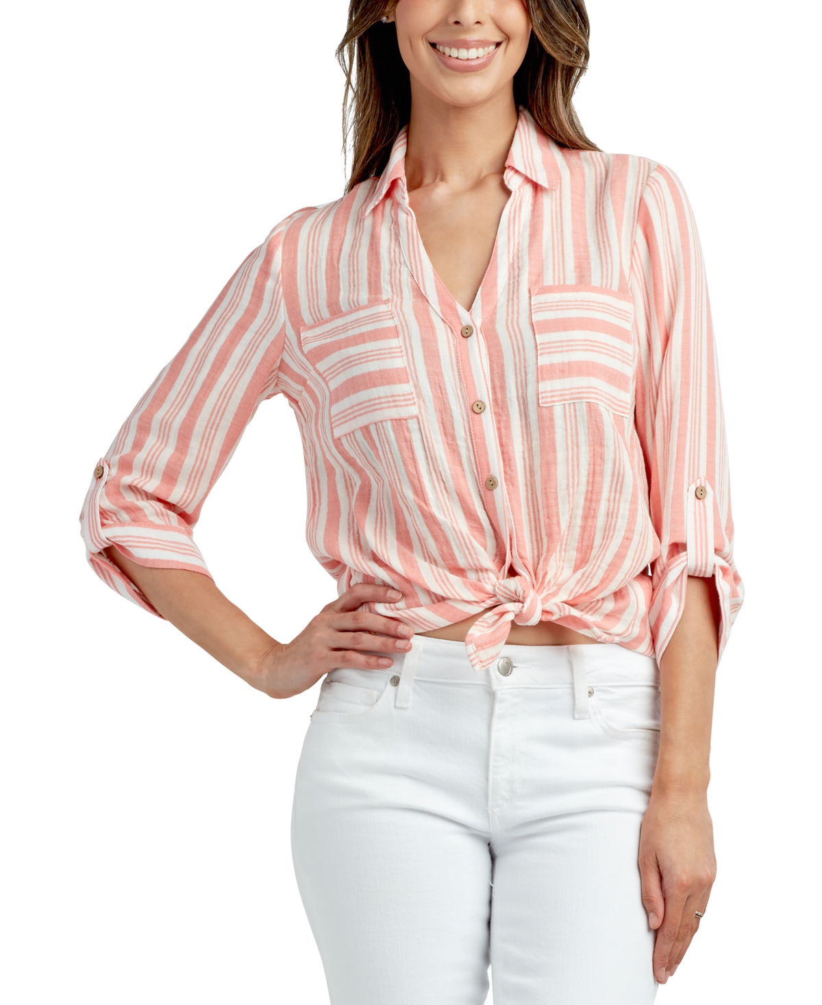 Shop Bcx Juniors' Striped Button Front Cotton Shirt In Coral