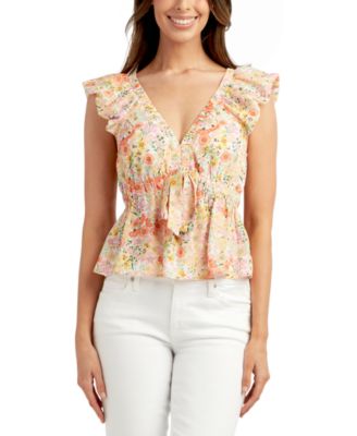 BCX - Juniors' Floral-Print Flutter-Sleeve Babydoll Top