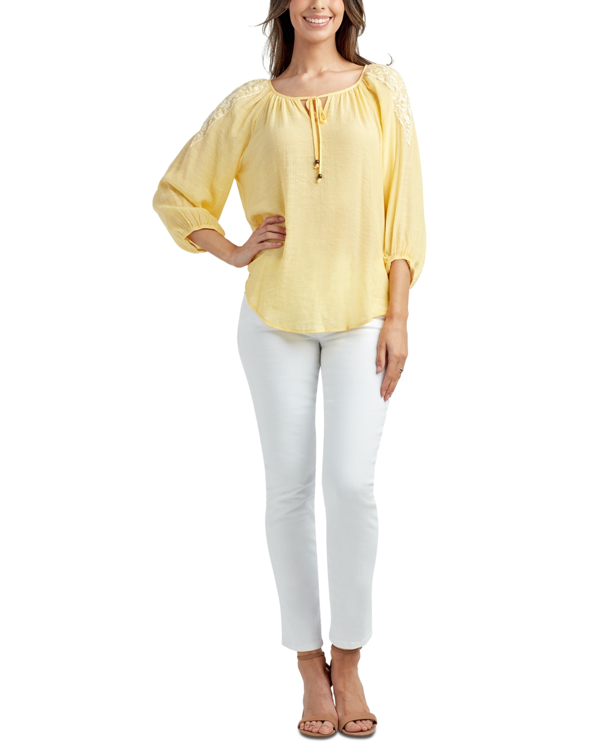 Shop Bcx Juniors' 3/4-sleeve Embellished-shoulder Top In Yellow