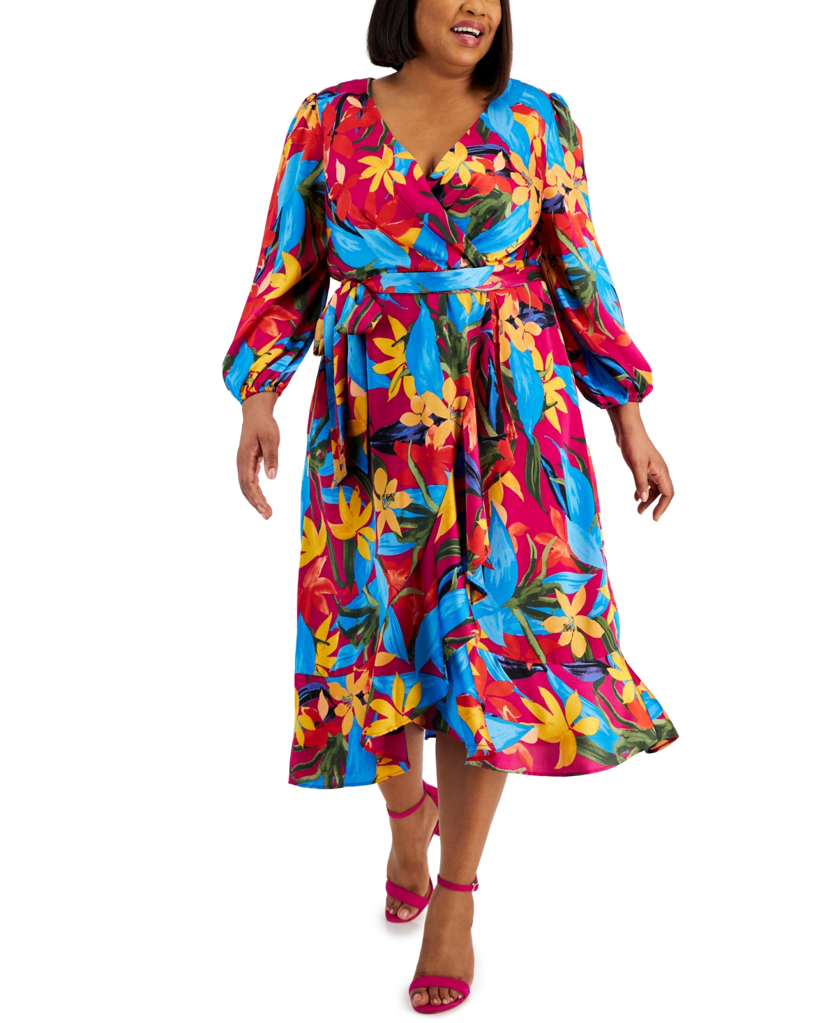 Plus Size Printed Long-Sleeve Satin Faux-Wrap Dress - Wild Berry Multi