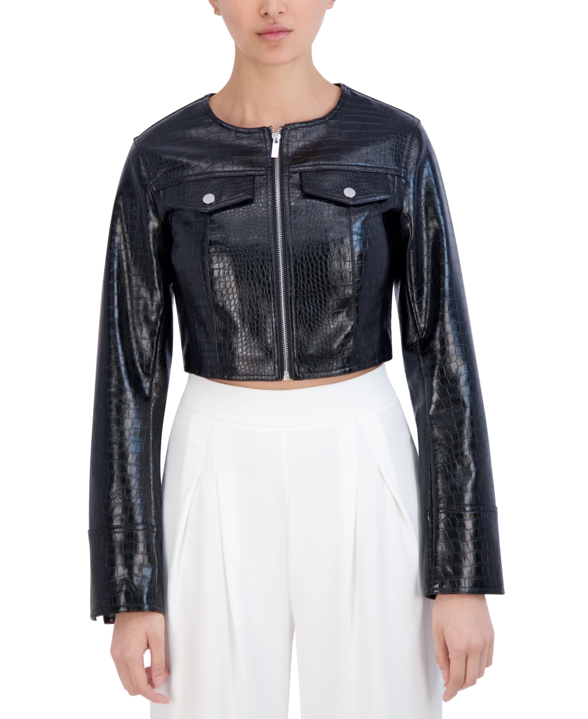 Women's Croc-Print Faux-Leather Cropped Jacket - Onyx