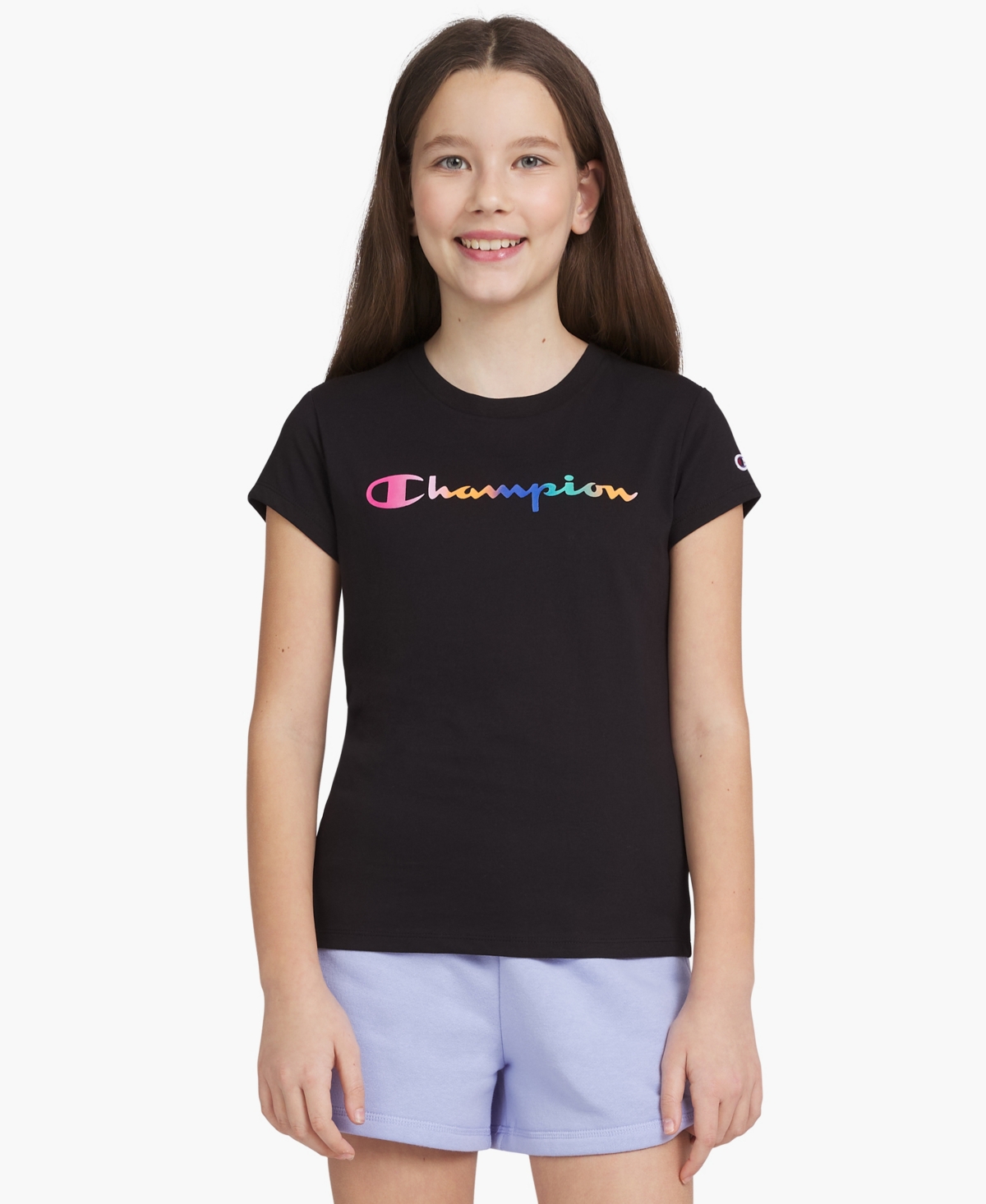 Champion Kids' Big Girls Rainbow Script Logo T-shirt In Black