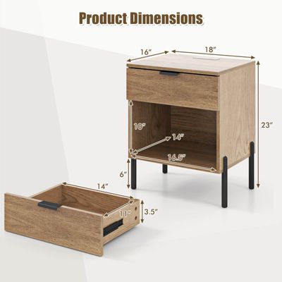1PC Nightstand with Charging Station Drawer Compartment Modern Side End Table