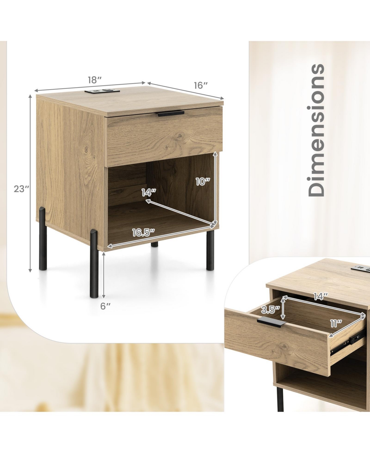 1PC Nightstand with Charging Station Drawer Compartment Modern Side End Table