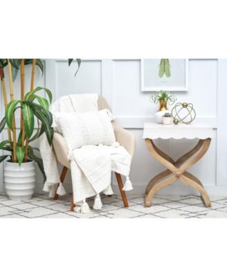 Barton Ivory White Striped Throw Pillow, 14" x 22" w/ Tassels