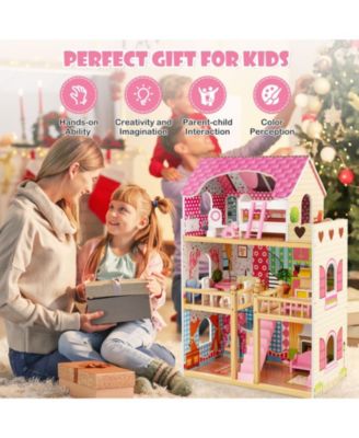Doll House Playset with 3 Stories and 6 Simulated Rooms and 15 Pieces of Furniture