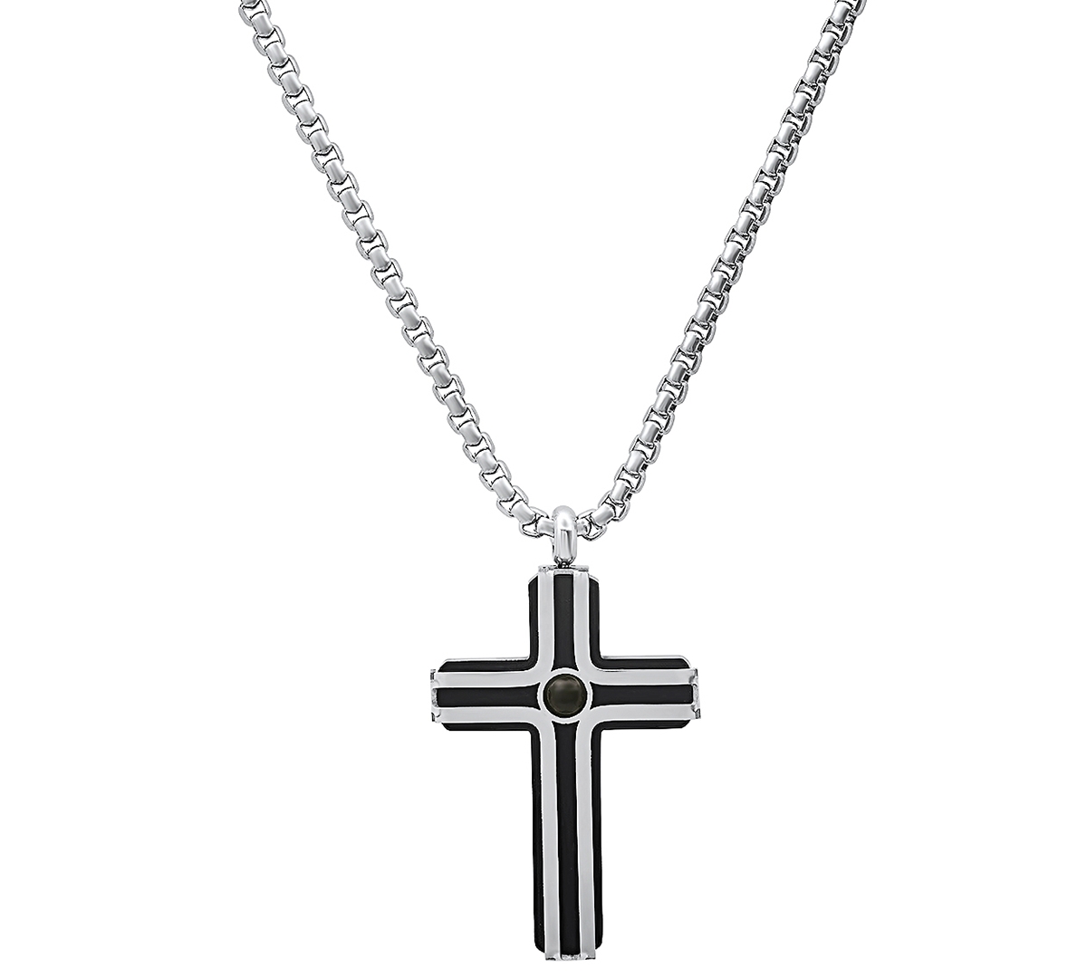 Shop Steeltime Men's Silver-tone Beaded Cross Pendant Necklace, 24" In Black,silver