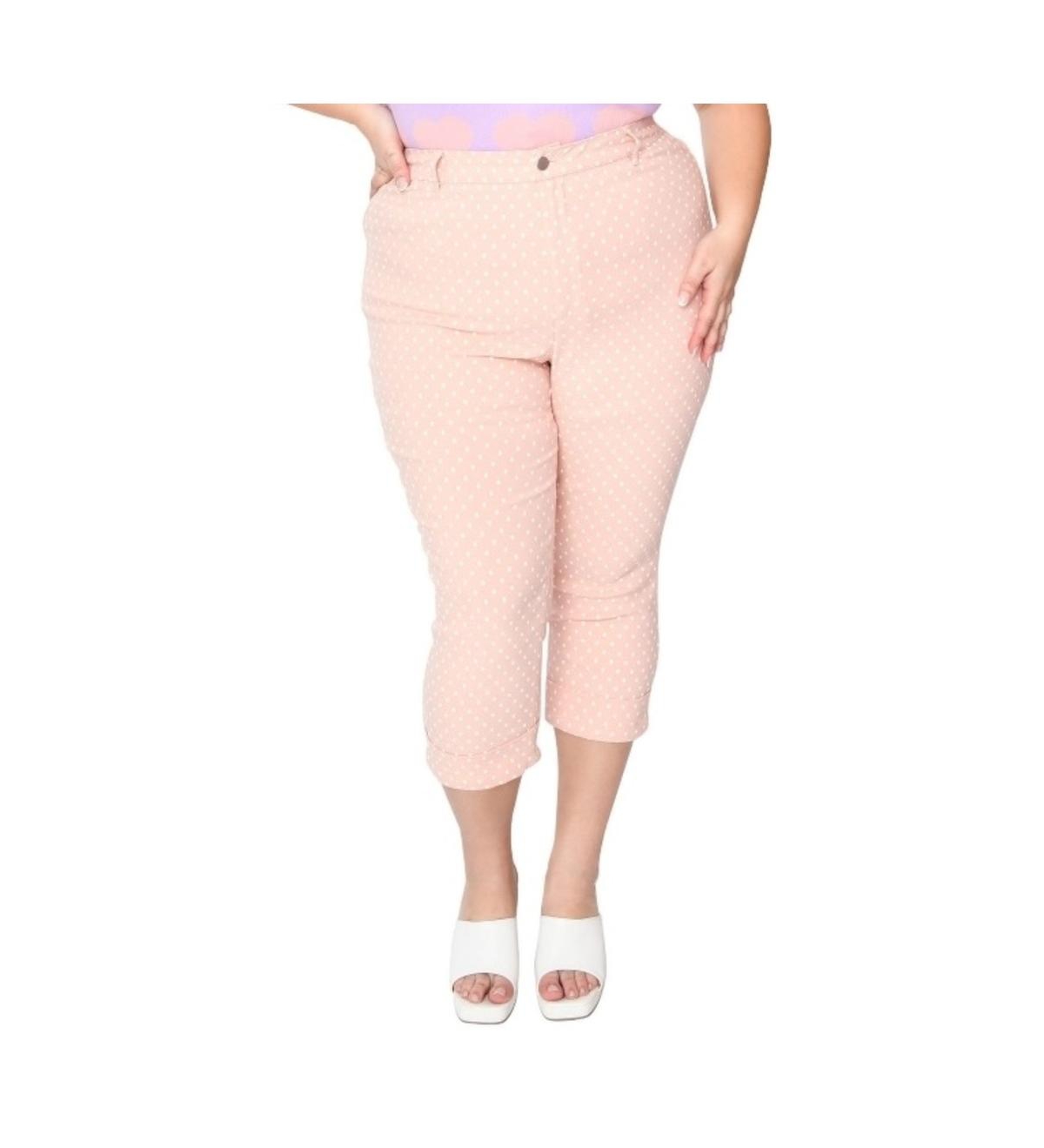 Plus Size Pink & White Pin Dot Heart Pocket Rachelle Capri Pants - Light pink/white pin dot
