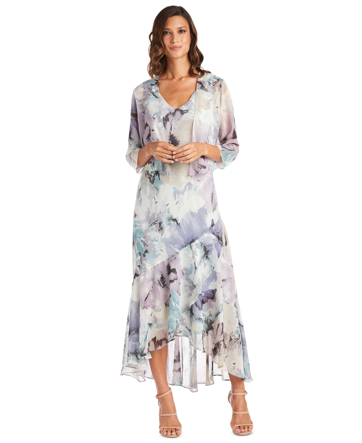 Women's Printed Sleeveless Midi Dress & Cropped Jacket - Blue/Lavender