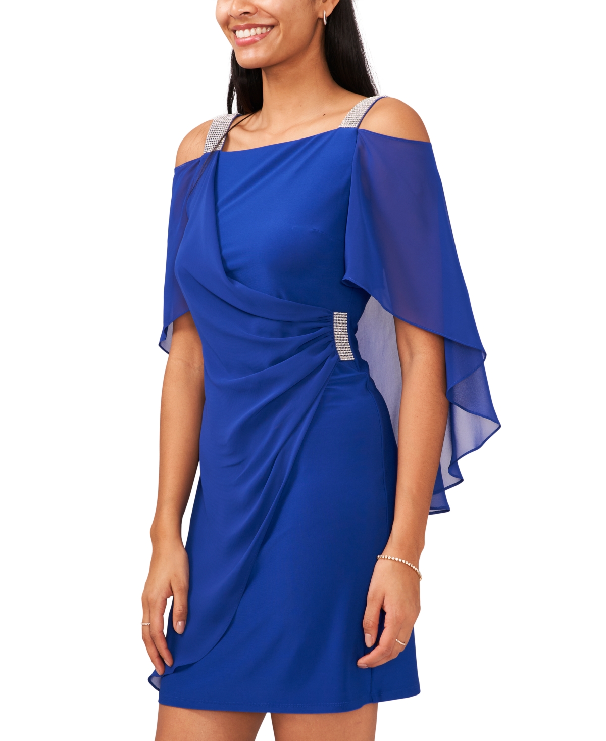 Shop Msk Petite Ruched Cape Dress In Goddess Blue