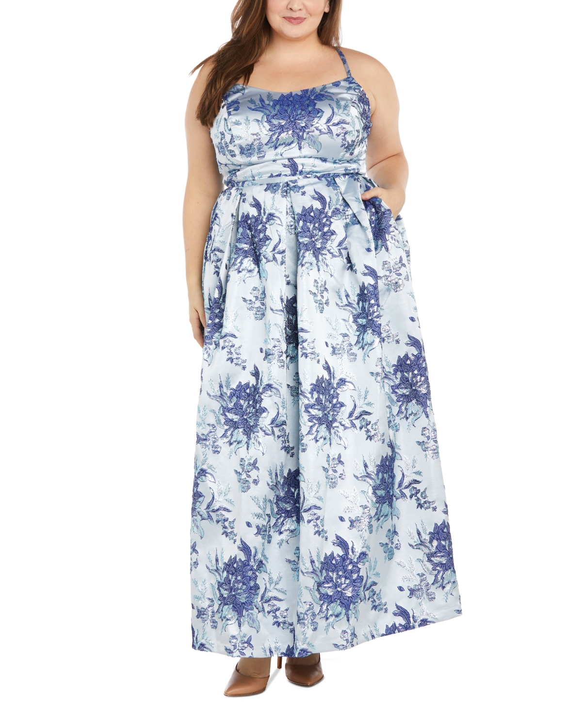 Plus Size Sleeveless Floral Gown - Blue