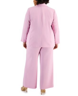 Plus Size One-Button Blazer, Printed Bow Blouse & Wide-Leg Pants