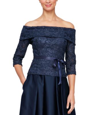 Alex Evenings - Women's Off-The-Shoulder-Neck Mesh Top