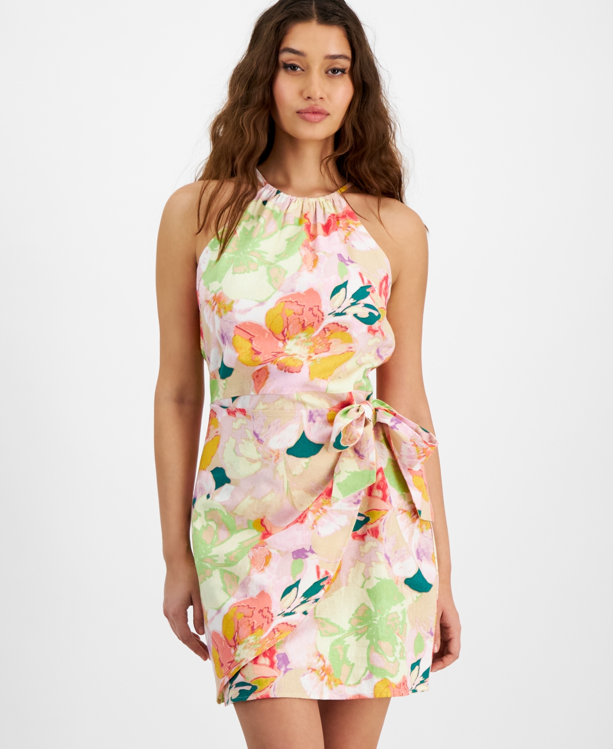Shop Bar Iii Women's High-neck Linen Blend Sleeveless Mini Dress, Created For Macy's In Alexa Floral