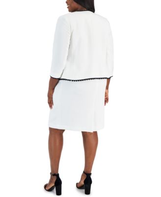 Shop Kasper Plus Size Scalloped Trim Cropped Jacket Sheath Dress In Lily White,black