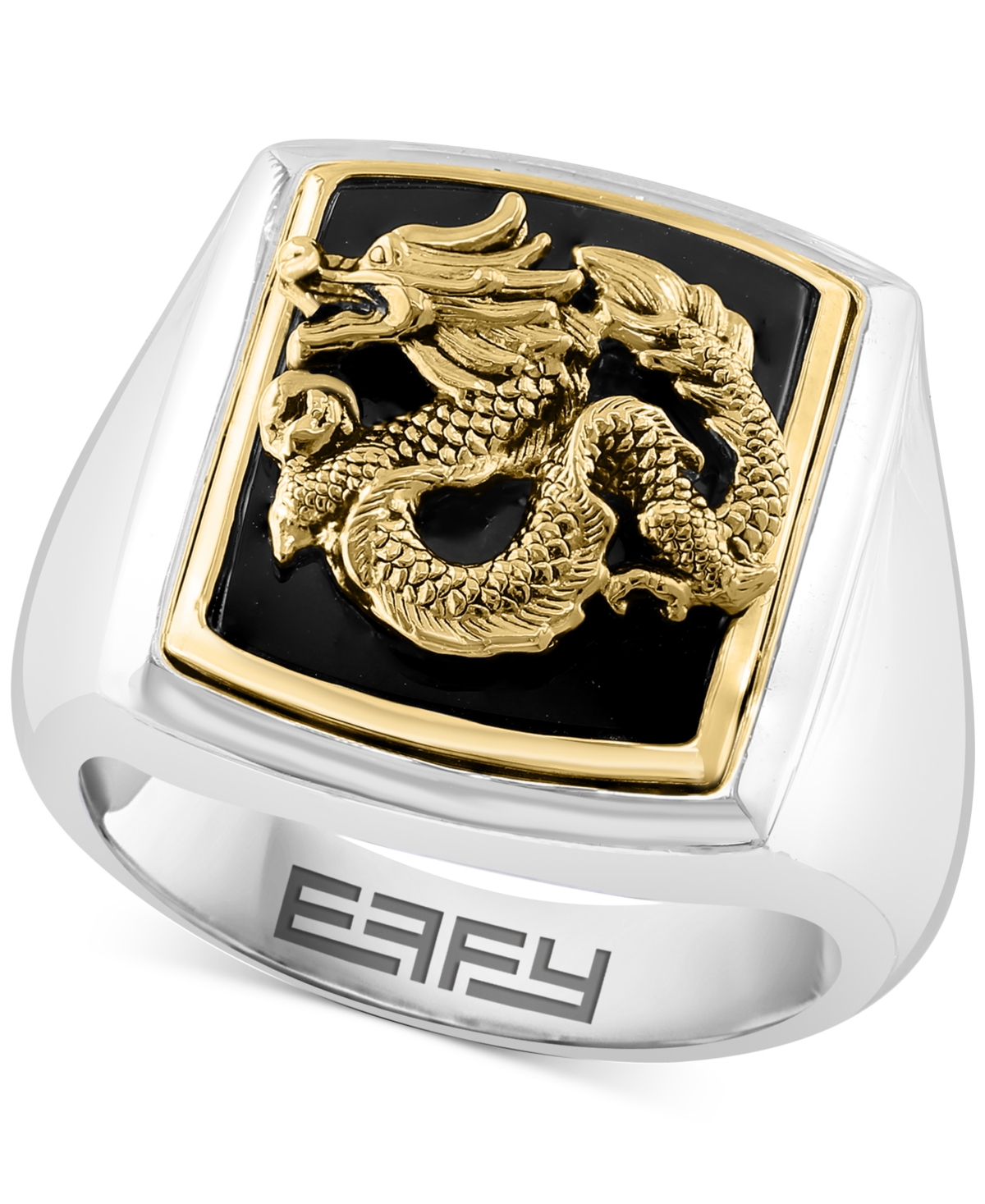 Effy Collection Effy Men's Onyx Dragon Signet Ring In Sterling Silver & 14k Gold-plate